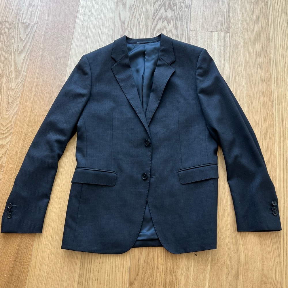Theory navy blue blazer with stripes and checkered pattern